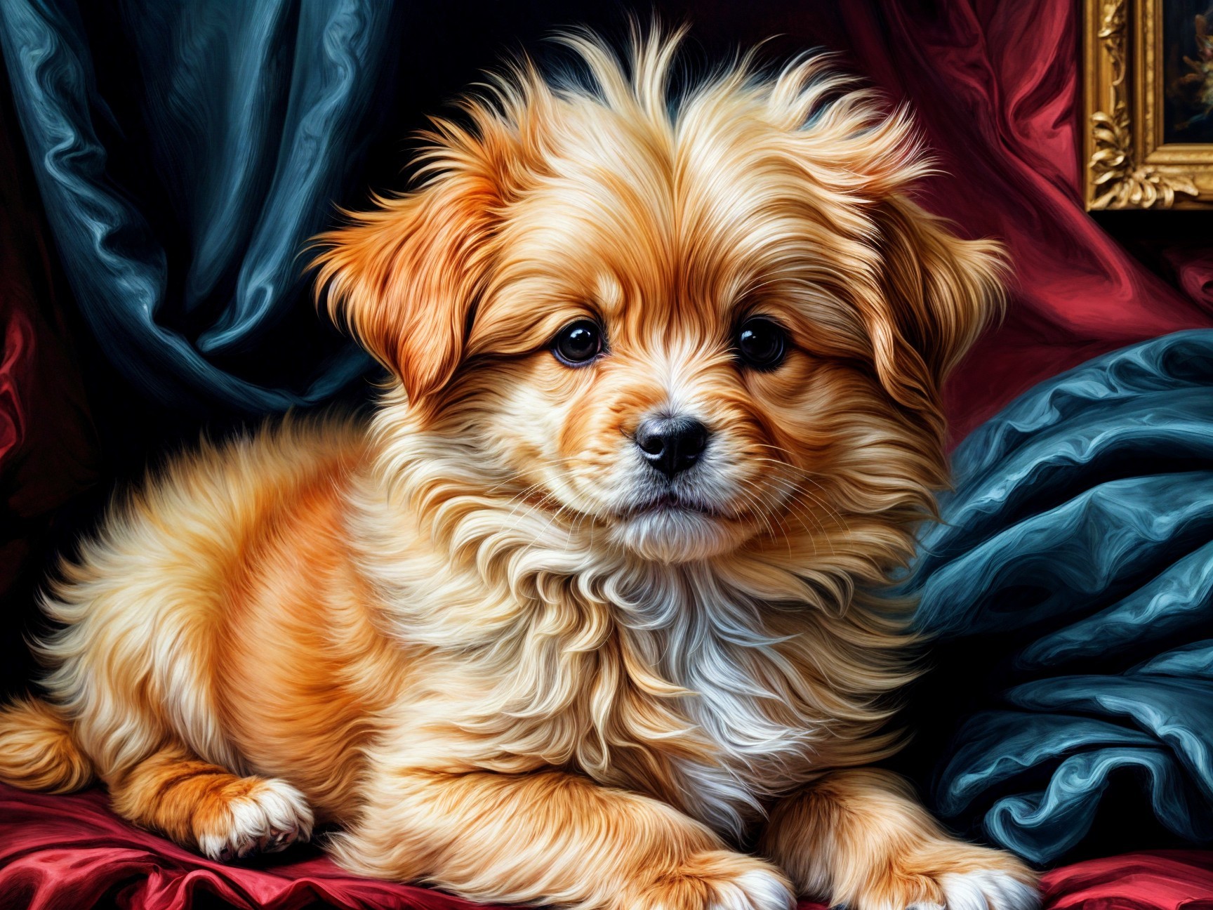 Fluffy Orange Puppy Against Rich Draped Background