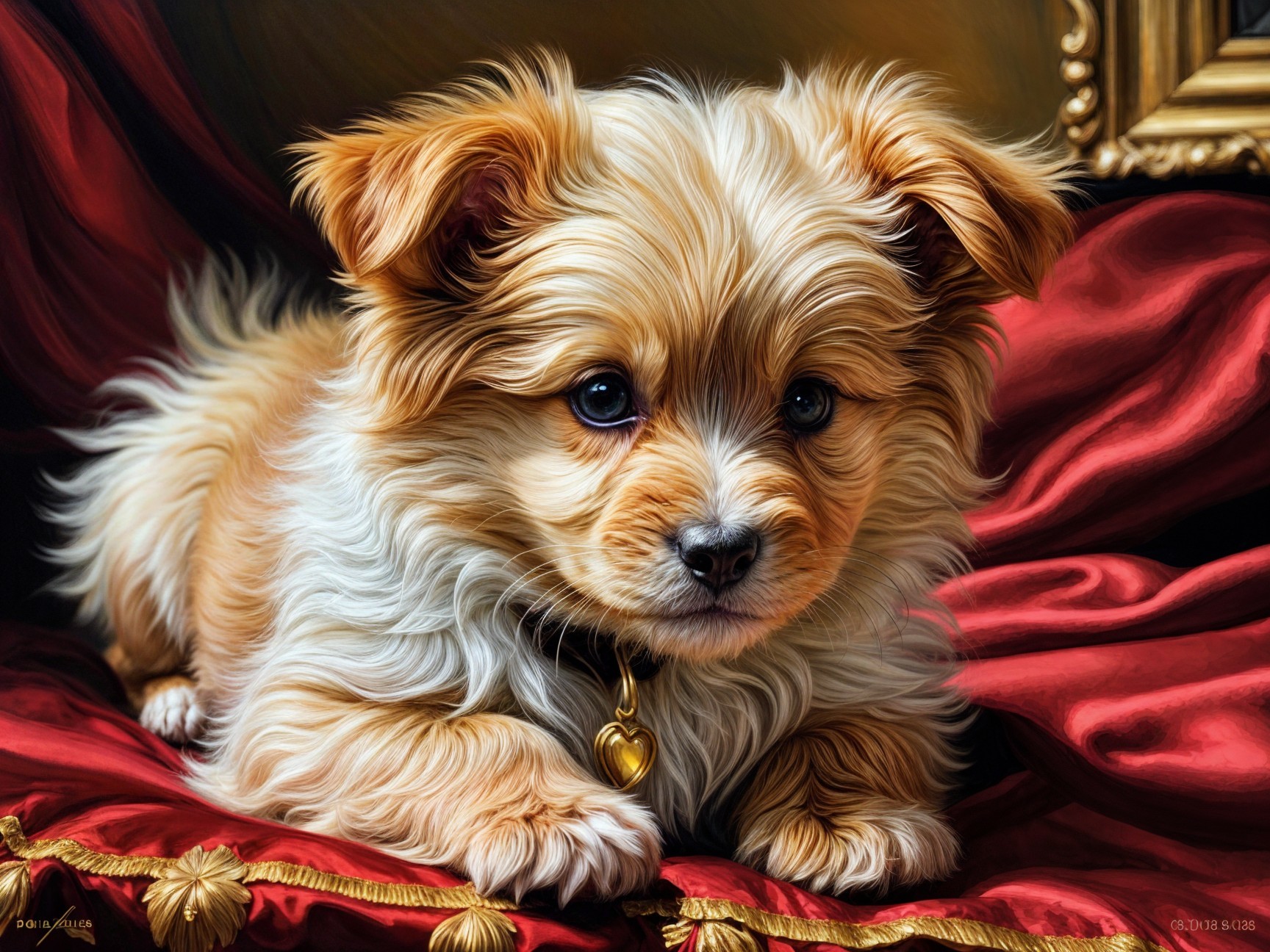 Fluffy Golden Puppy on Red Fabric with Heart Tag