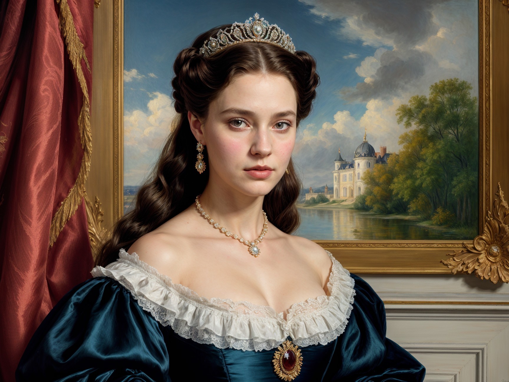 Elegant young woman in gown with tiara and mansion backdrop