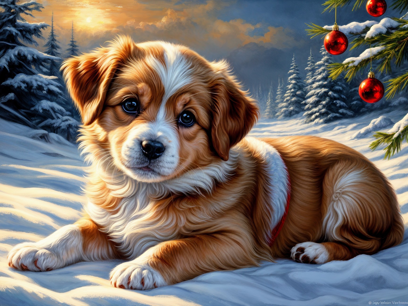 Puppy in Snowy Landscape with Festive Tree Decor