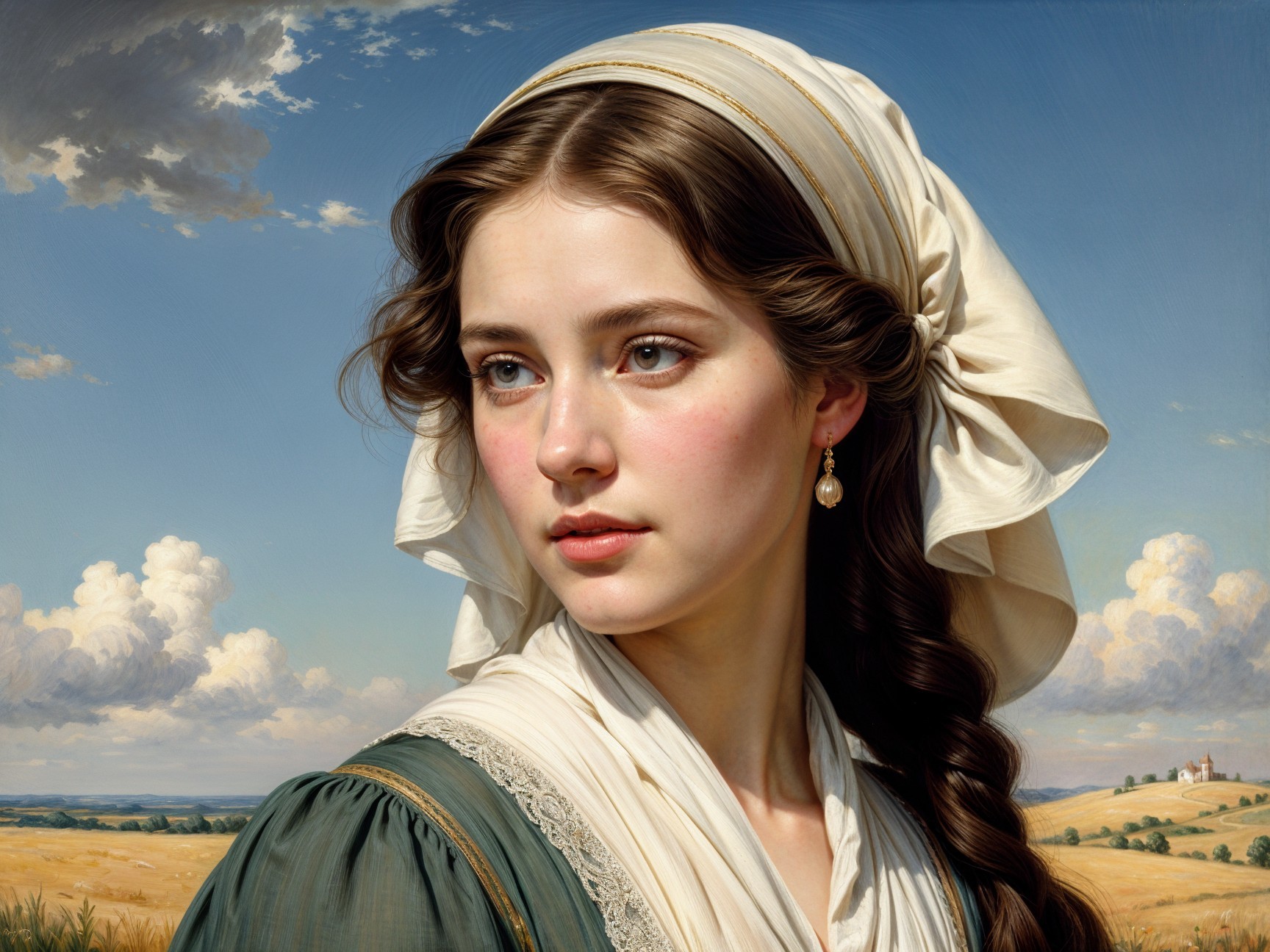 Young woman in green dress with serene landscape backdrop