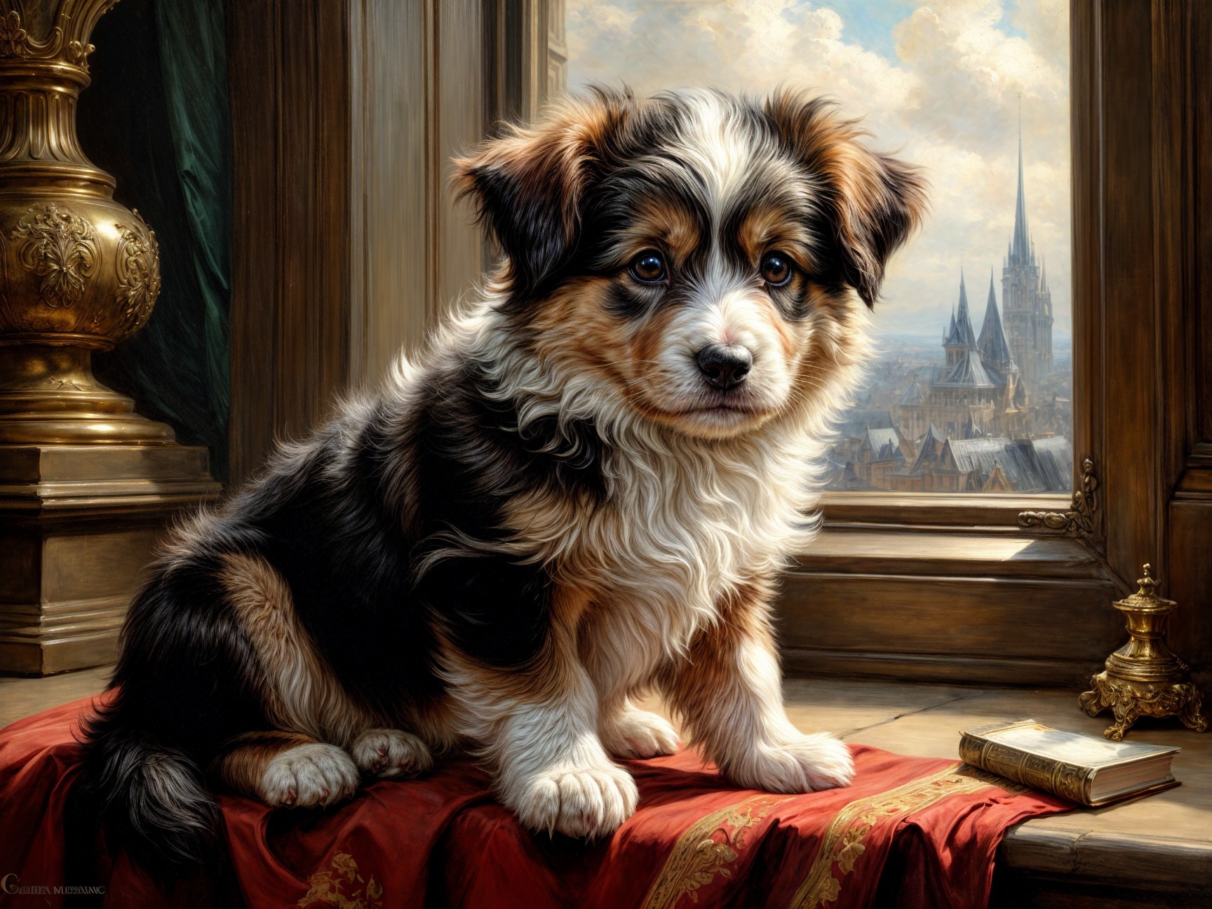 Tri-colored puppy on red fabric by a window
