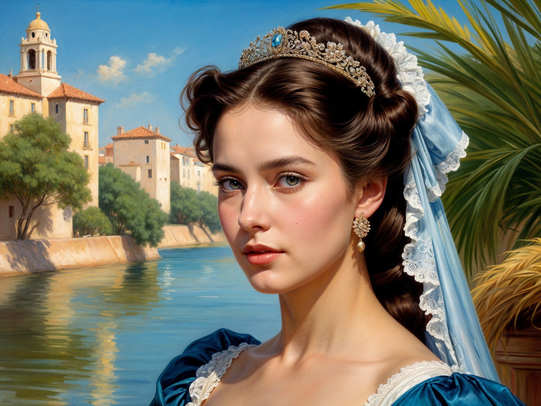 Young woman in blue dress with lace and tiara