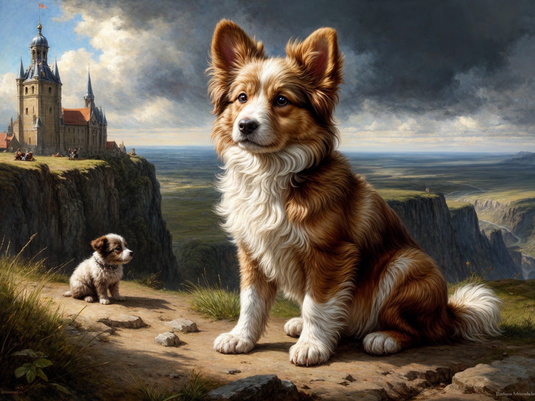 Corgi and Puppy in Dramatic Landscape with Castle