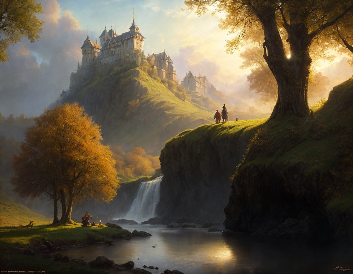 Majestic castle on lush hill with waterfall, people under tree in soft sunlight