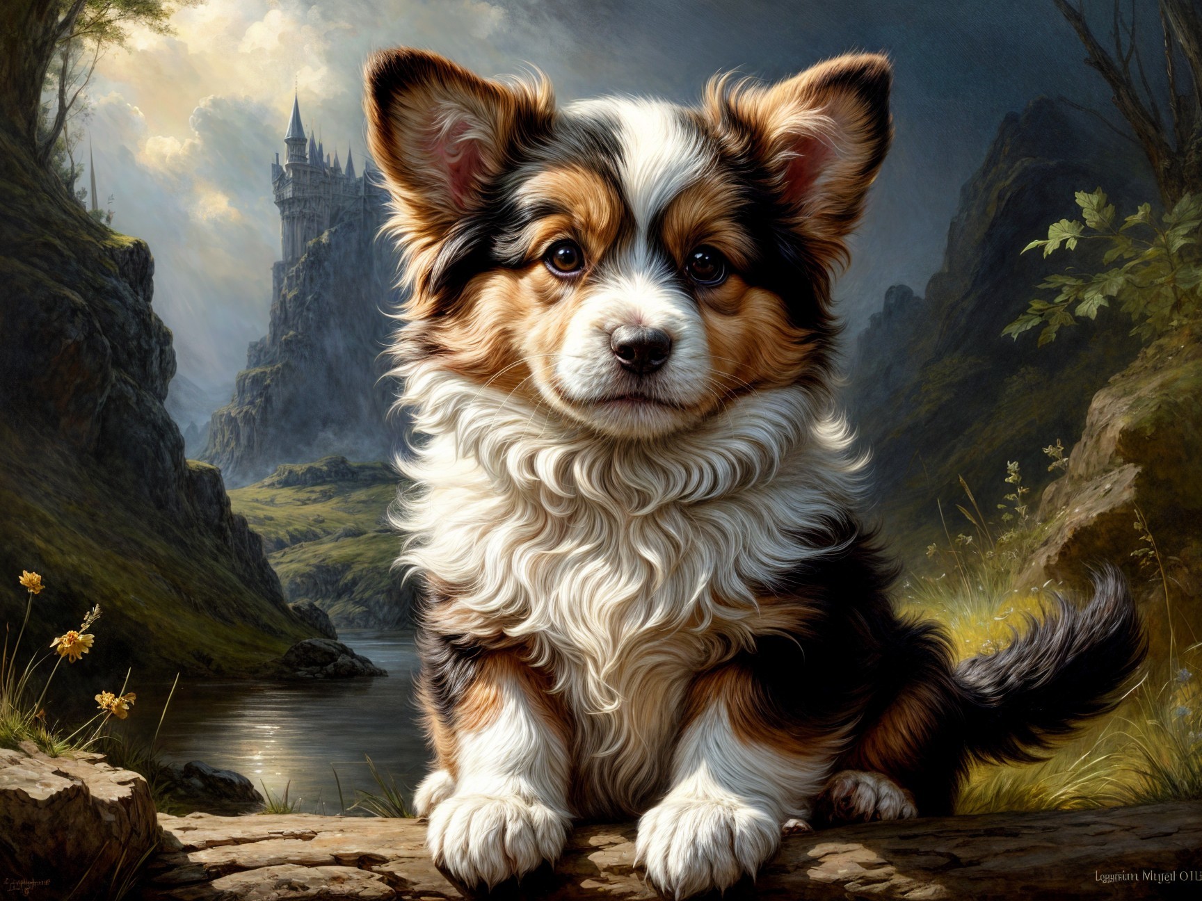 Fluffy Corgi Puppy with Castle in Whimsical Setting