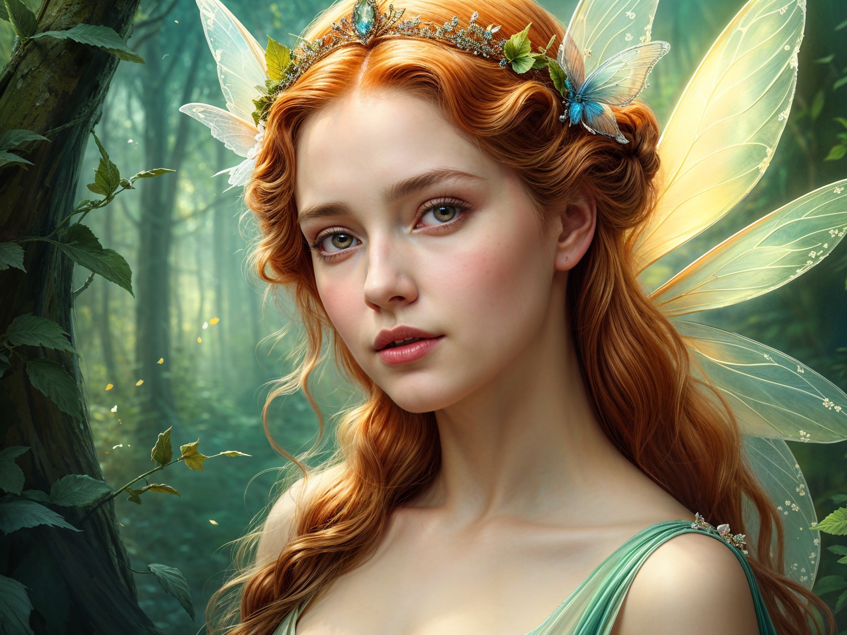 Fairy with Auburn Hair in Enchanted Forest Setting