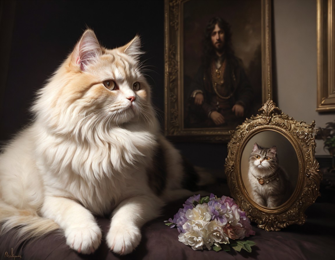 White and beige cat with flowers and mirror reflection on classic painting