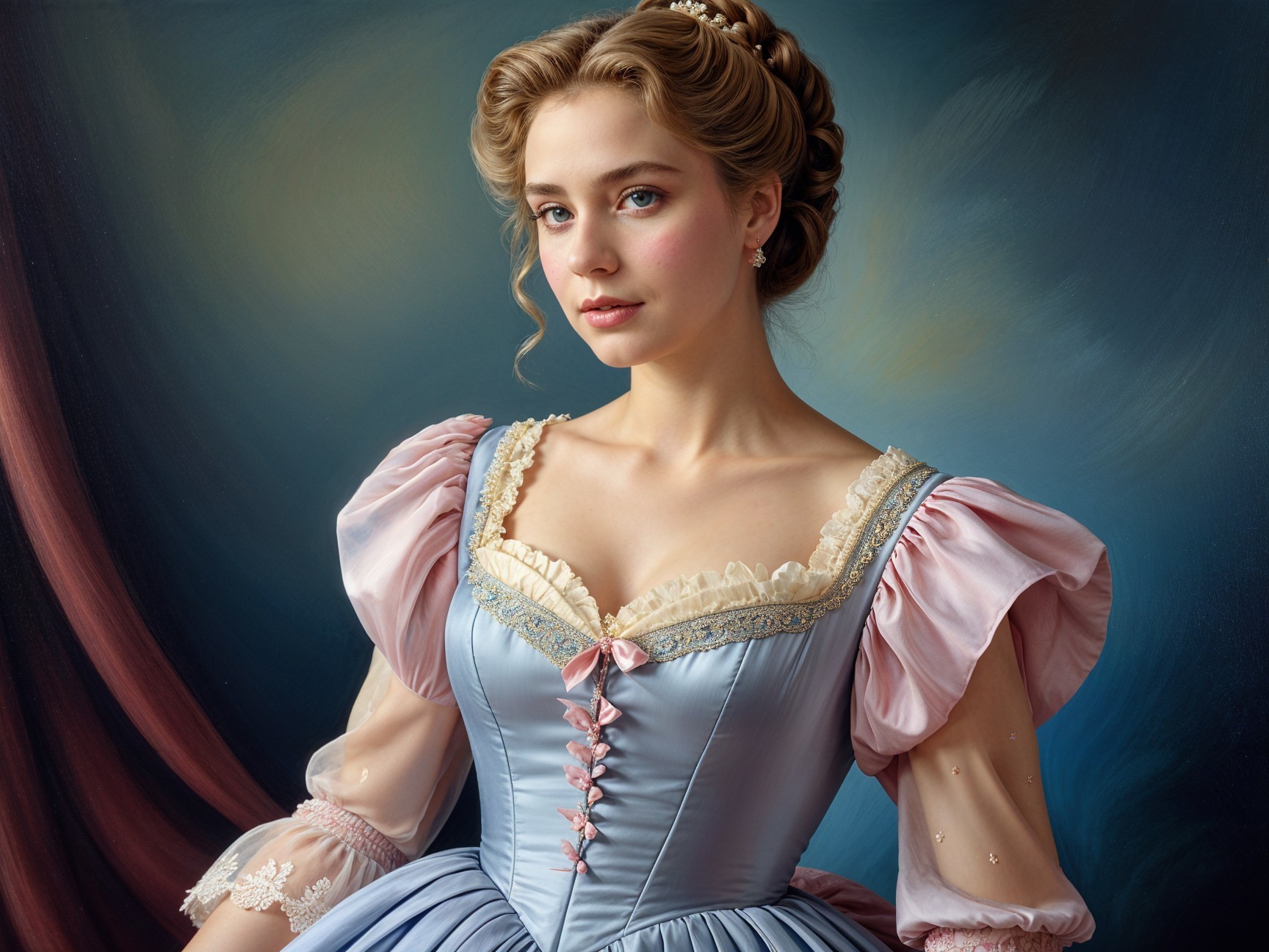 Young woman in blue gown with pink sleeves and waves