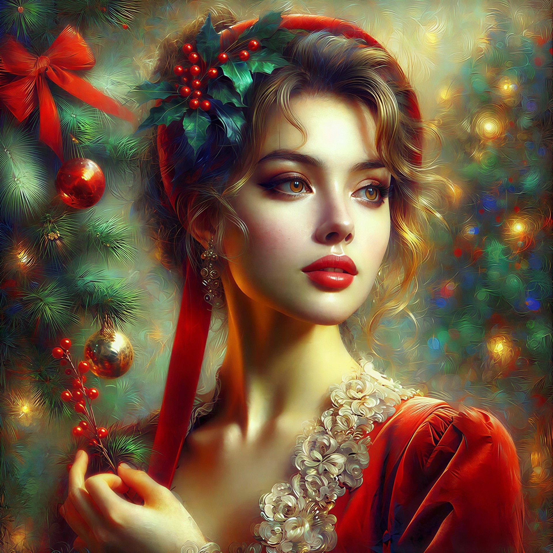 Portrait of a Young Woman in a Red Dress with Holly