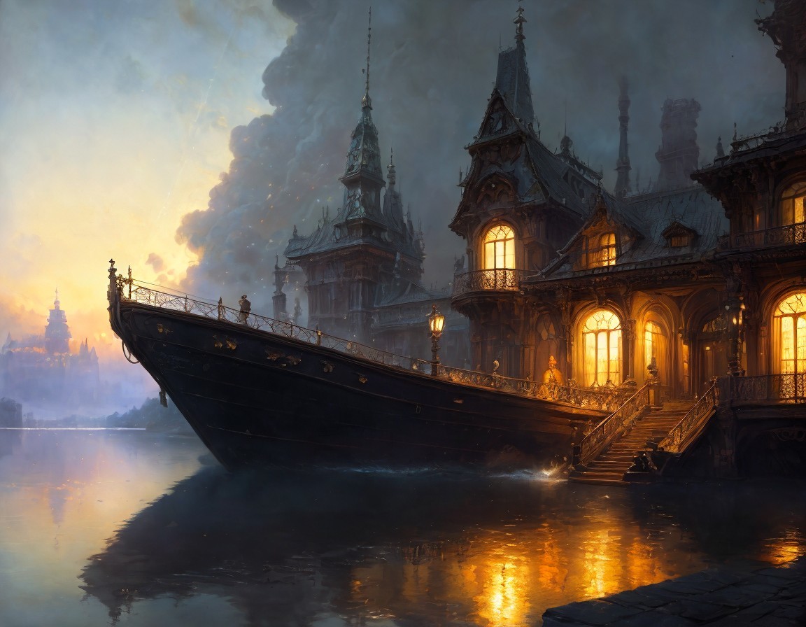 Ornate Illuminated Mansion by Riverside at Dusk