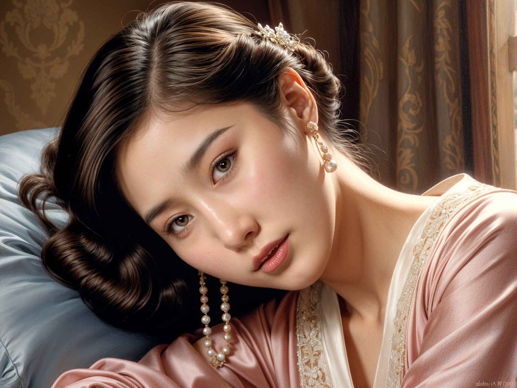 Young woman in silk robe with elegant features