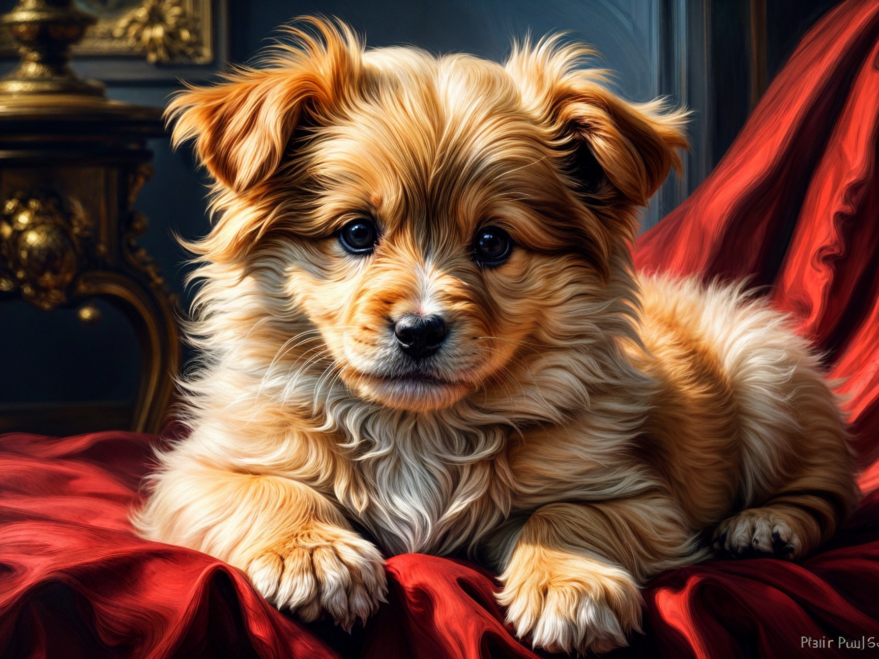 Fluffy Golden-Haired Puppy on Rich Red Fabric