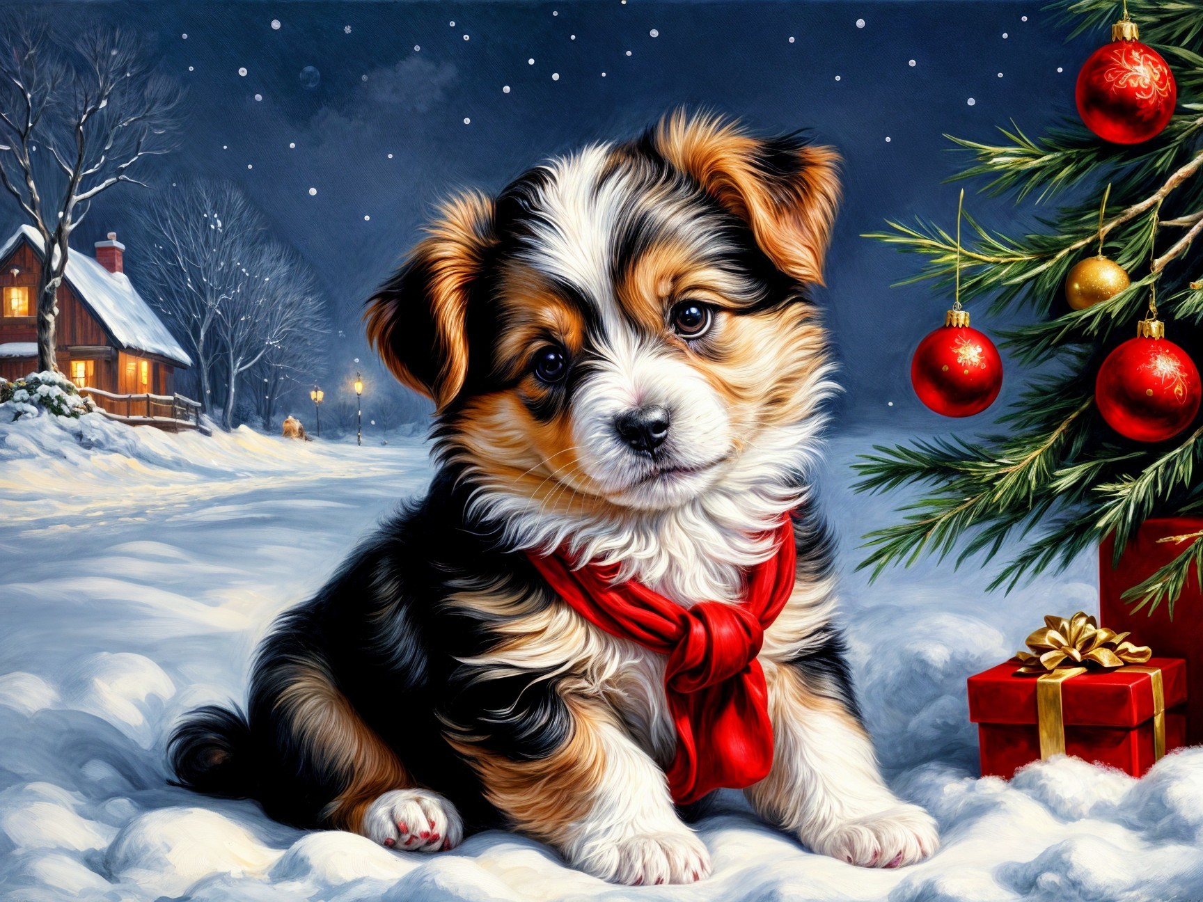 Puppy in Snowy Landscape with Christmas Cabin and Tree