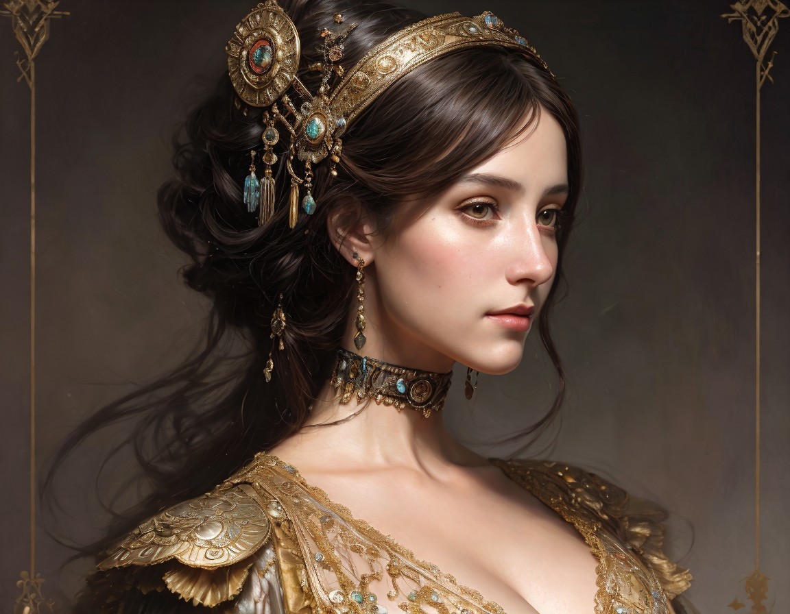 Young Woman in Ornate Golden Gown with Turquoise Accents