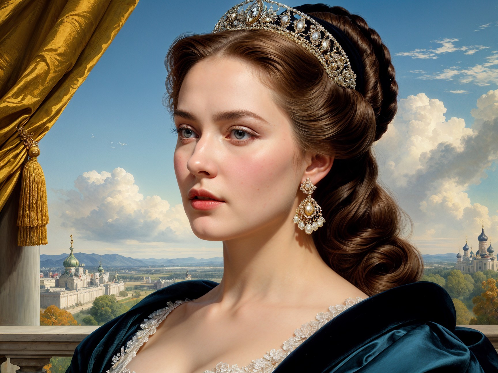 Young woman in elegant gown with palace backdrop