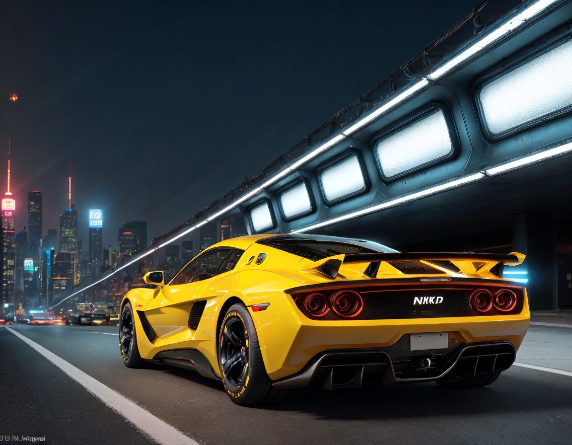 Yellow sports car parked on city street at night with skyscrapers and subway line
