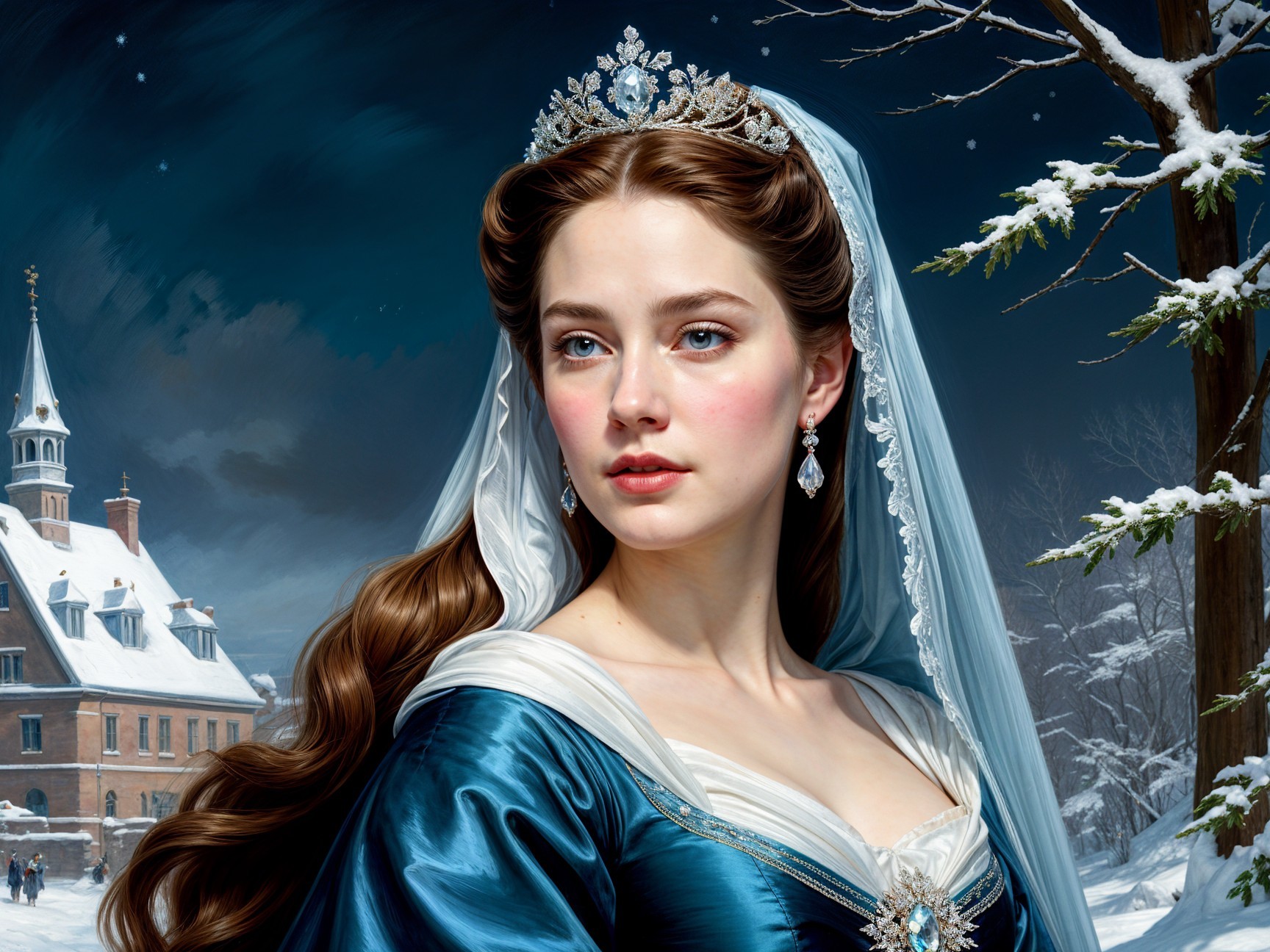 Regal Young Woman in Elegant Blue Gown in Winter Scene
