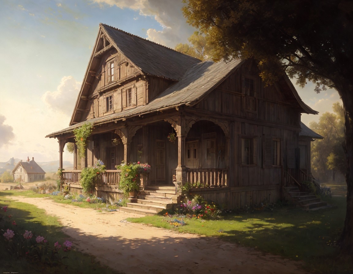 Rustic Wooden House with Flowering Porch and Landscape