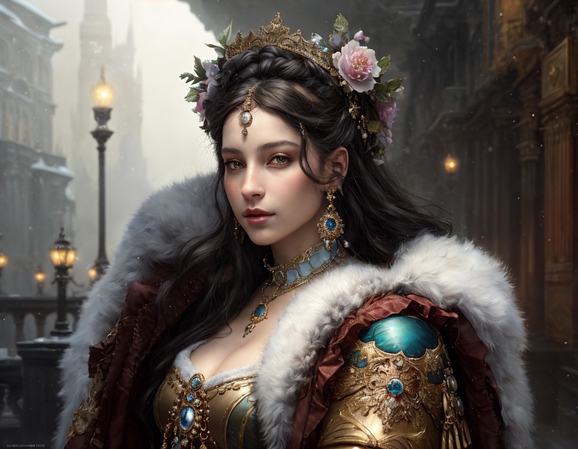Regal Woman in Jeweled Crown and Gold Attire