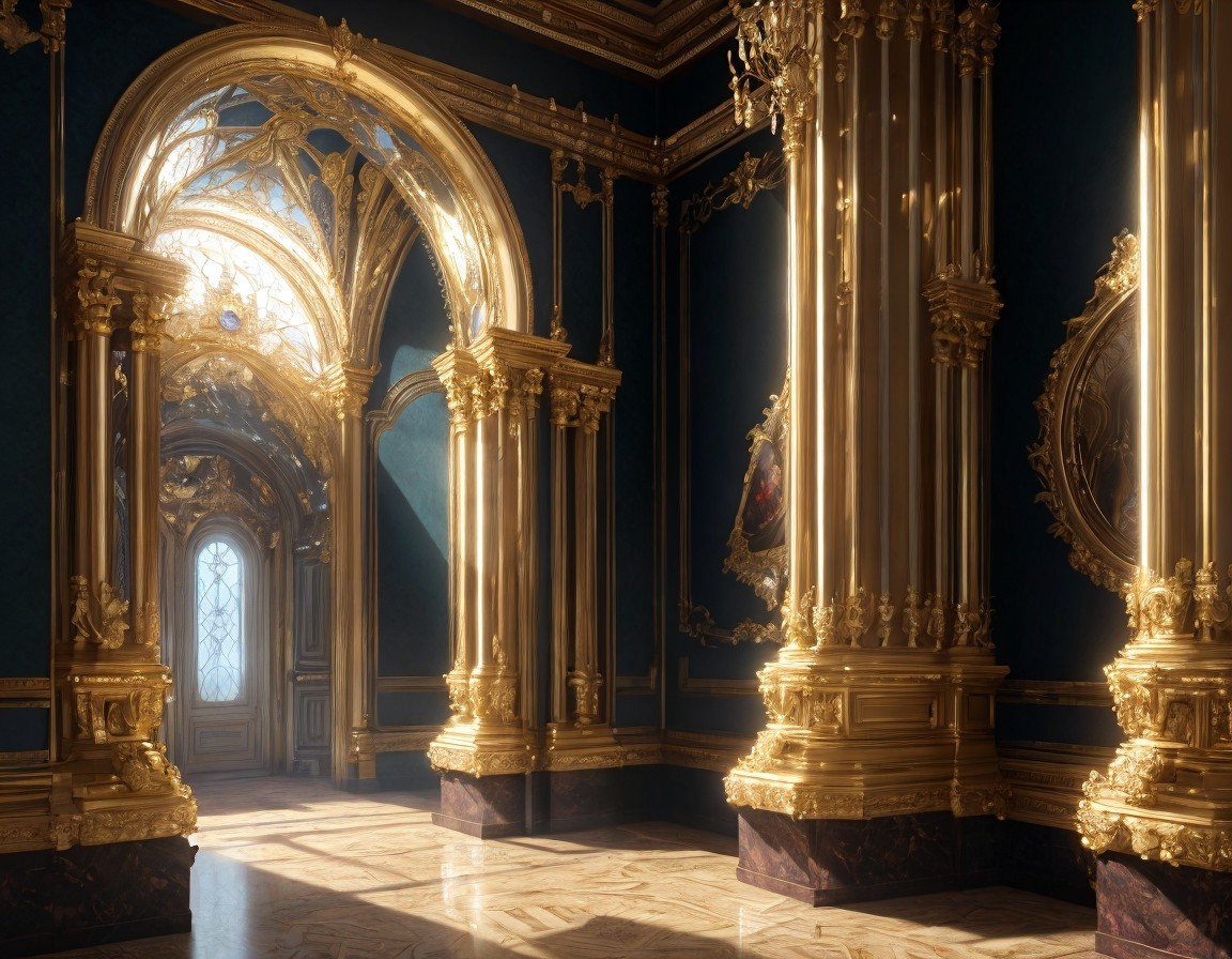Baroque-style opulent room with gilded arches and decor