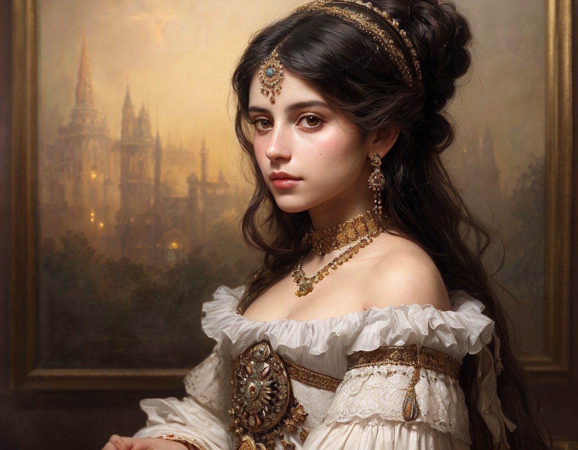 Young woman in ornate gown with elegant jewelry
