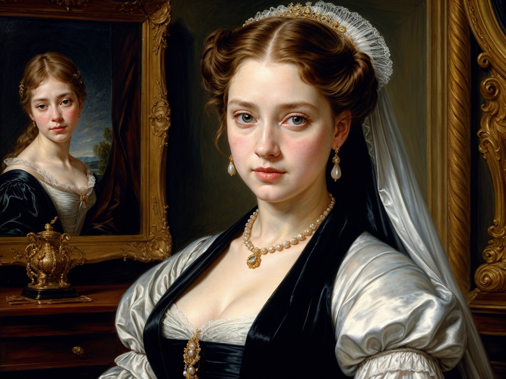 Portrait of a Young Woman in Elegant Attire and Veil