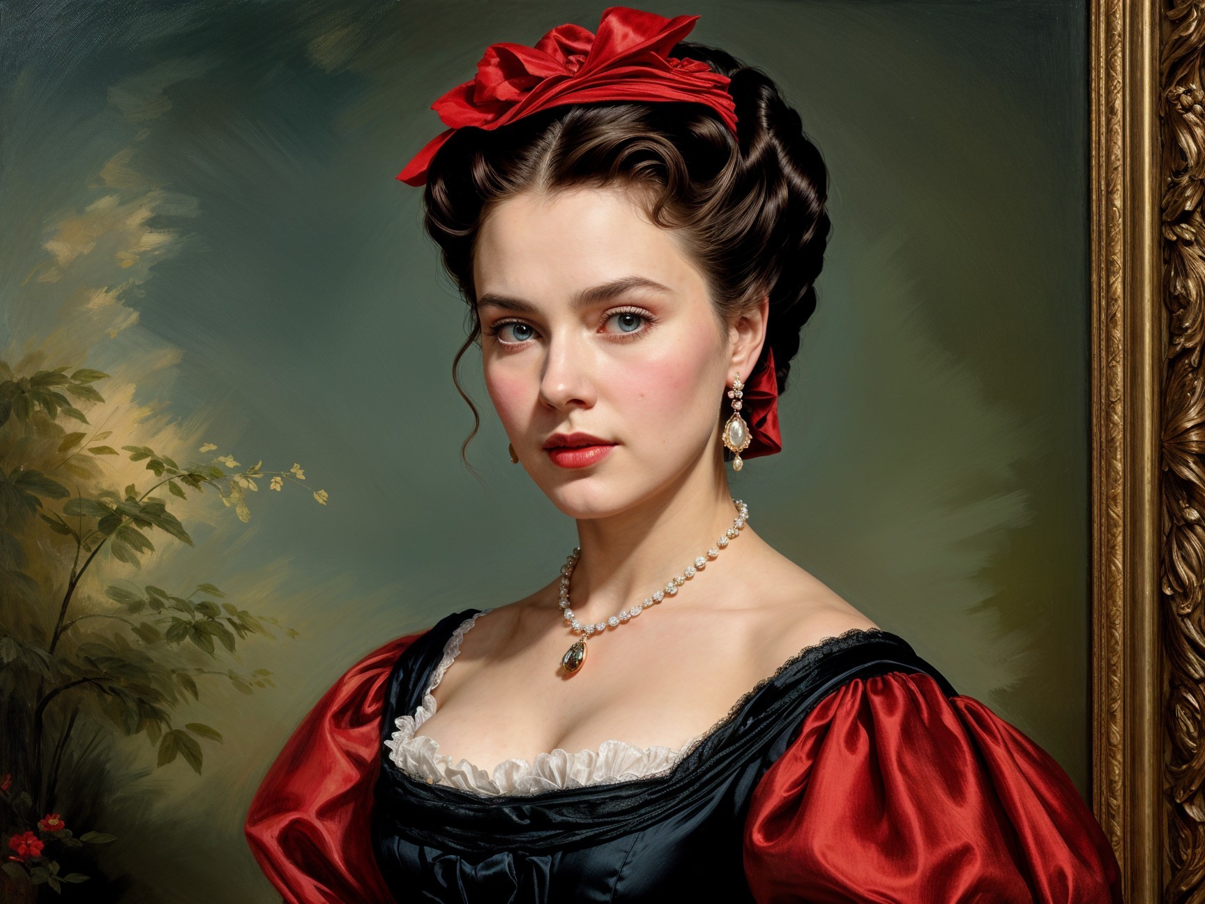 Elegant woman in black gown with red accents