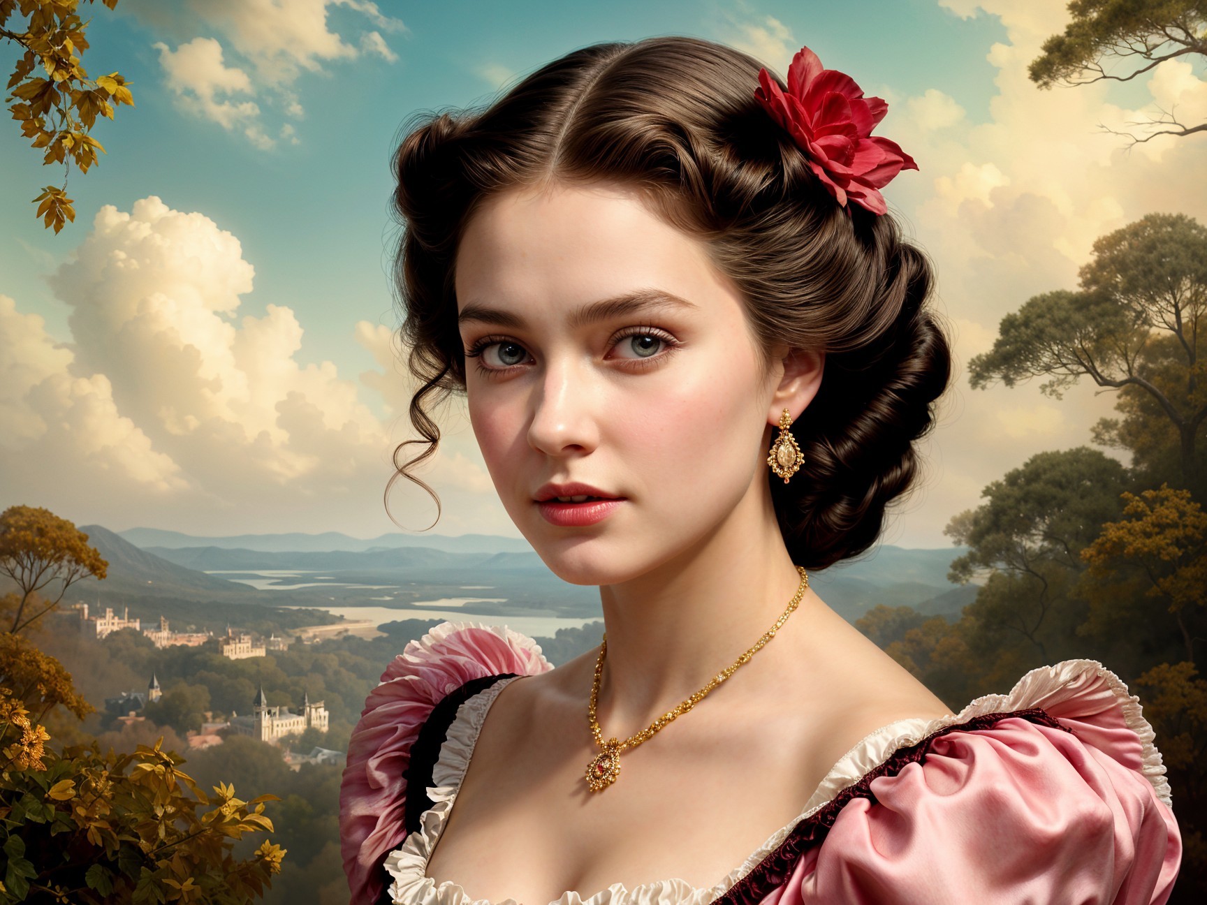 Young woman in pink gown with floral accents and landscape