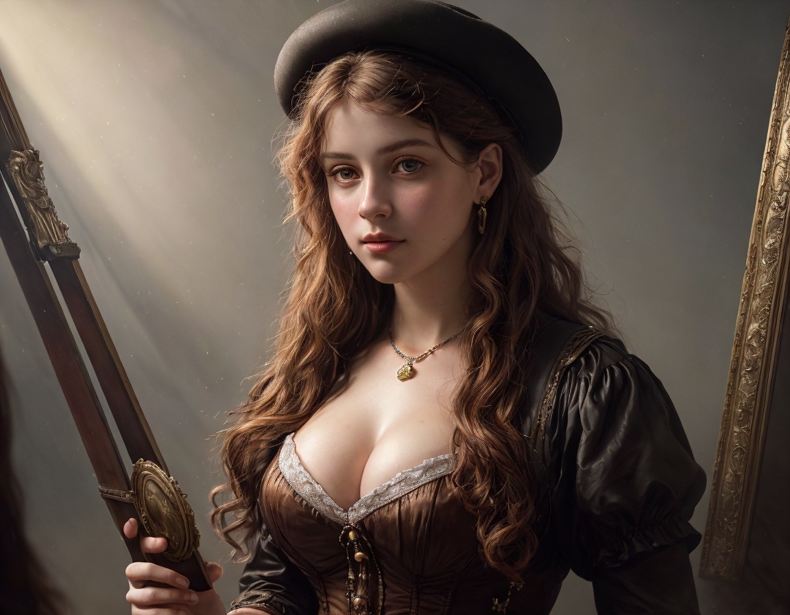 Woman in Historical Attire Holding a Mirror in Light