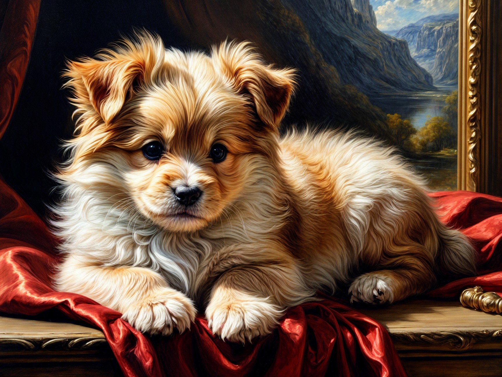 Fluffy Golden-Brown Puppy on Red Fabric Background