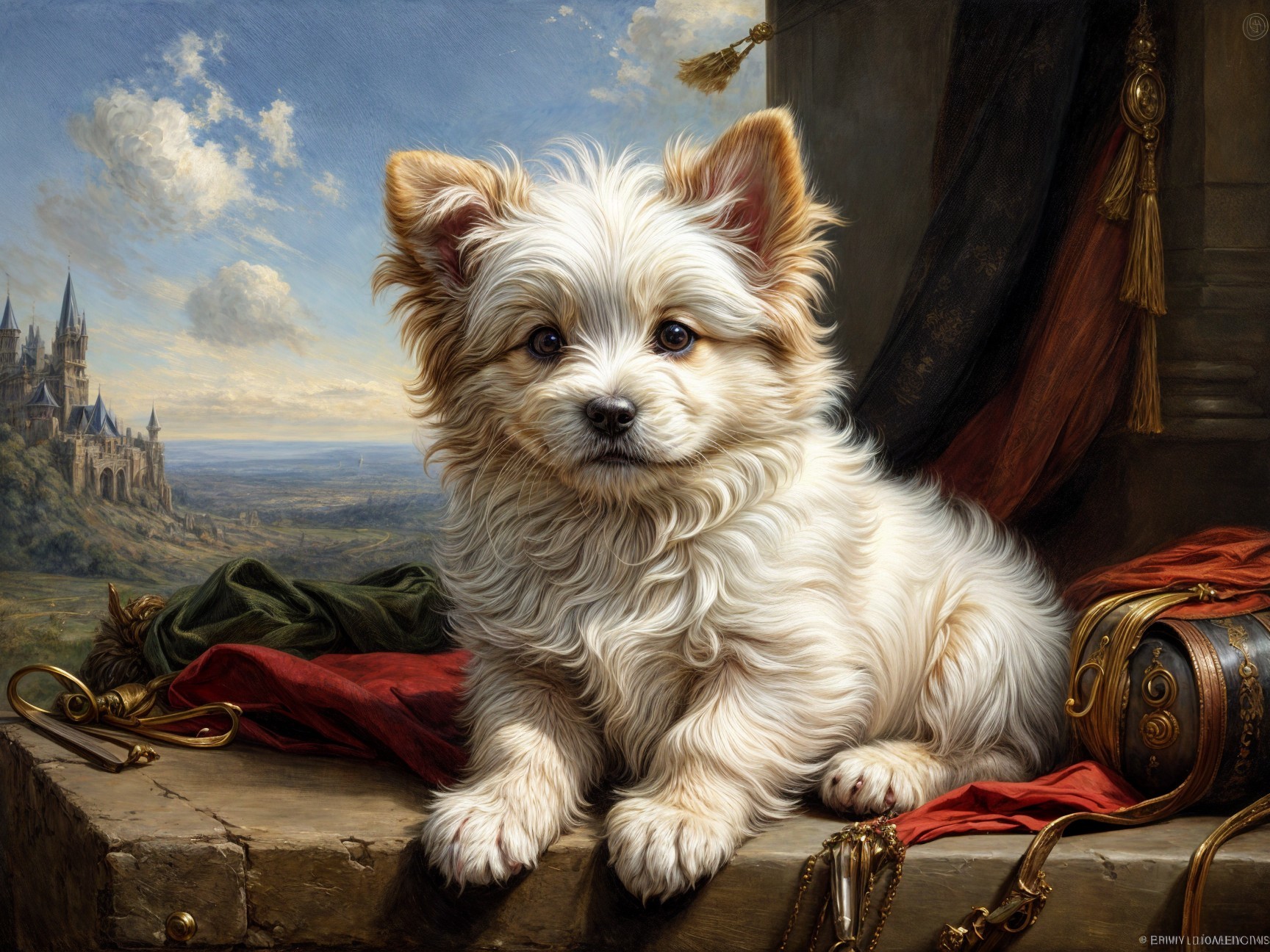 Cream-colored puppy with castle backdrop and warm colors