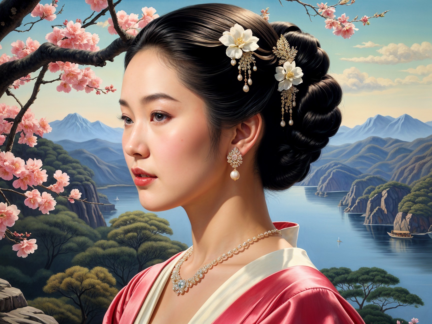 Elegant woman in traditional attire with floral updo