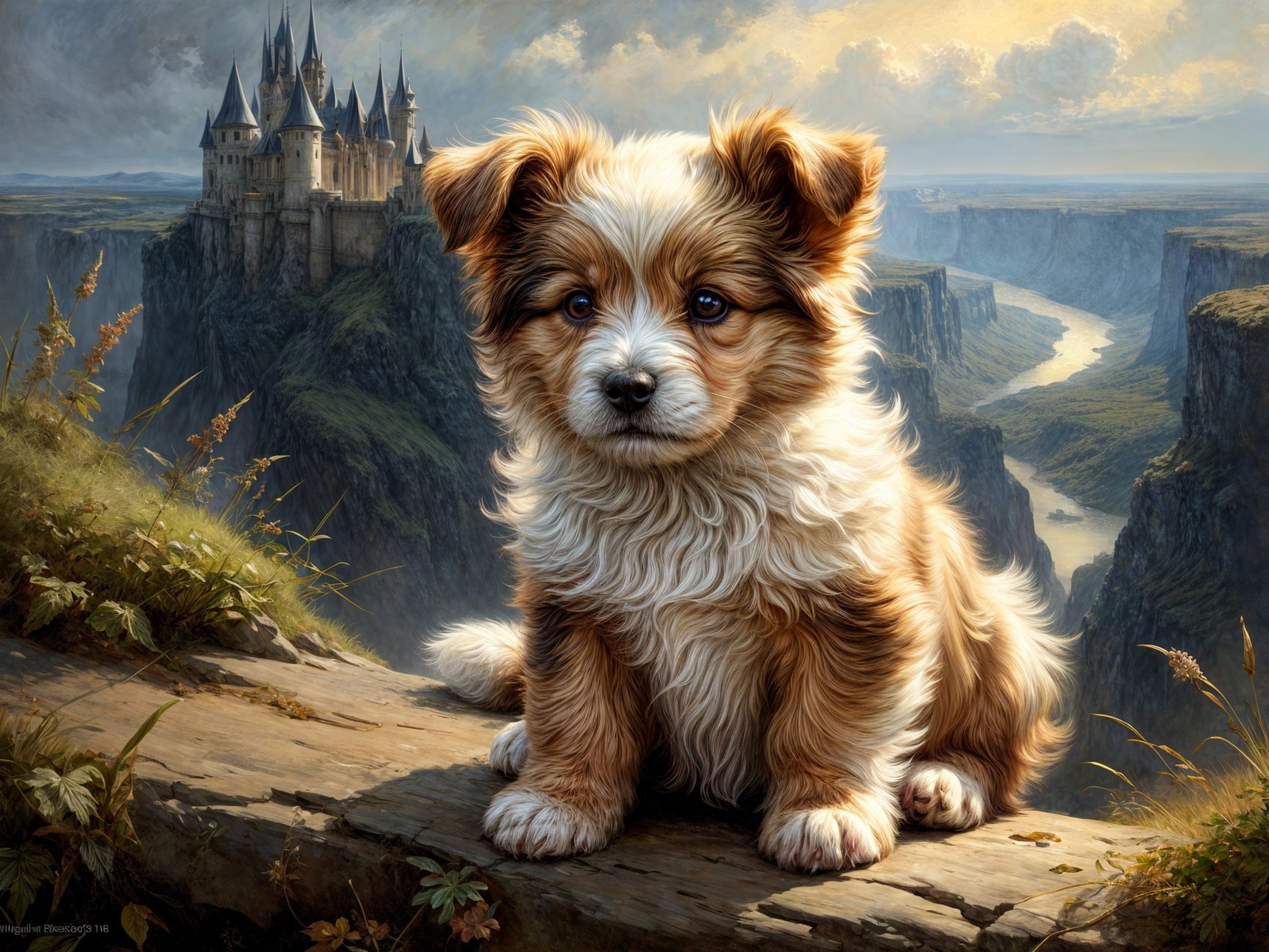 Fluffy Puppy on Ledge with Castle and River View