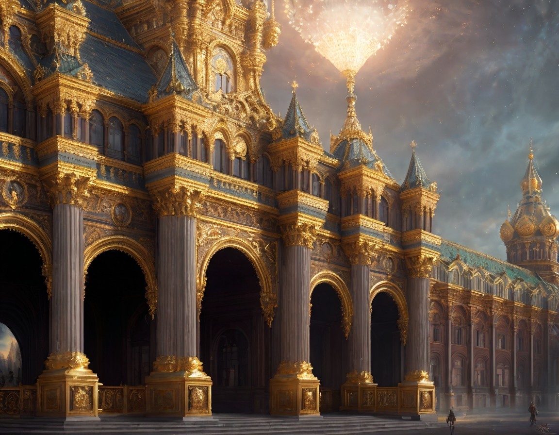 Ornate palace with golden details under cosmic sky