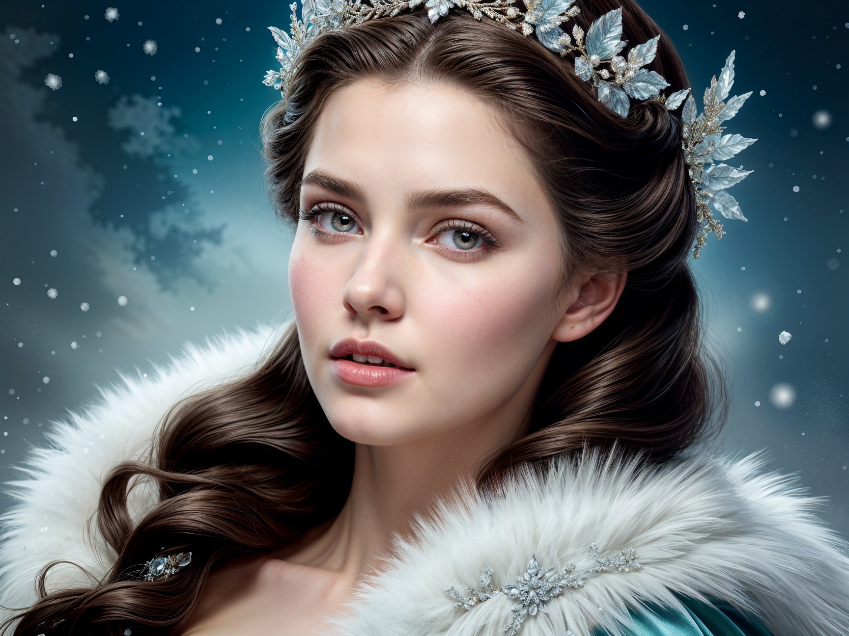 Portrait of a Young Woman in a Fur Cloak with Snowflakes