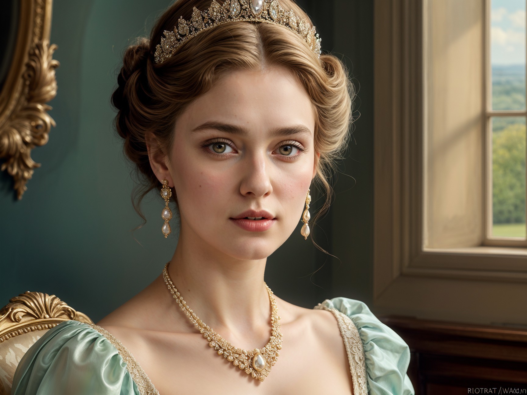 Elegant Young Woman in Regal Gown and Jewelry