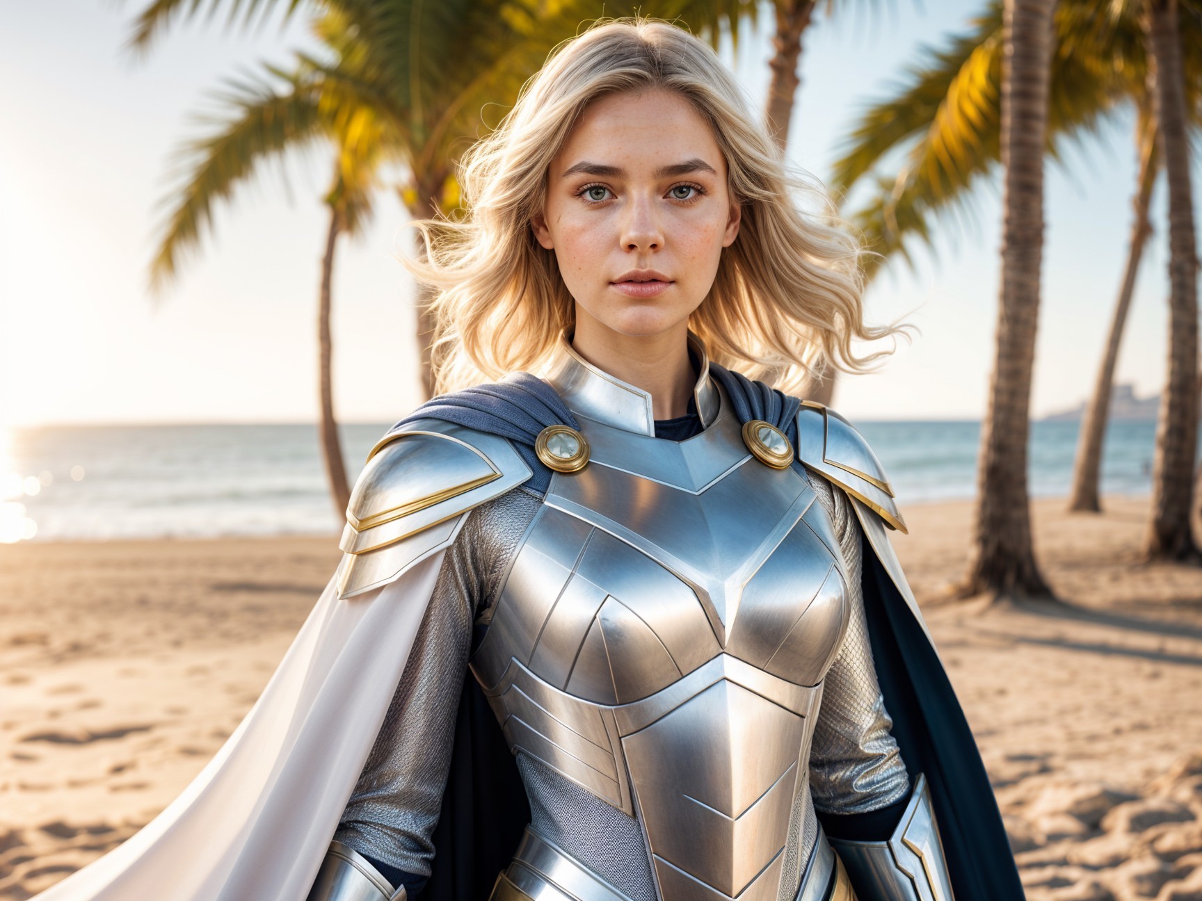 Young woman in superhero costume on beach with palms