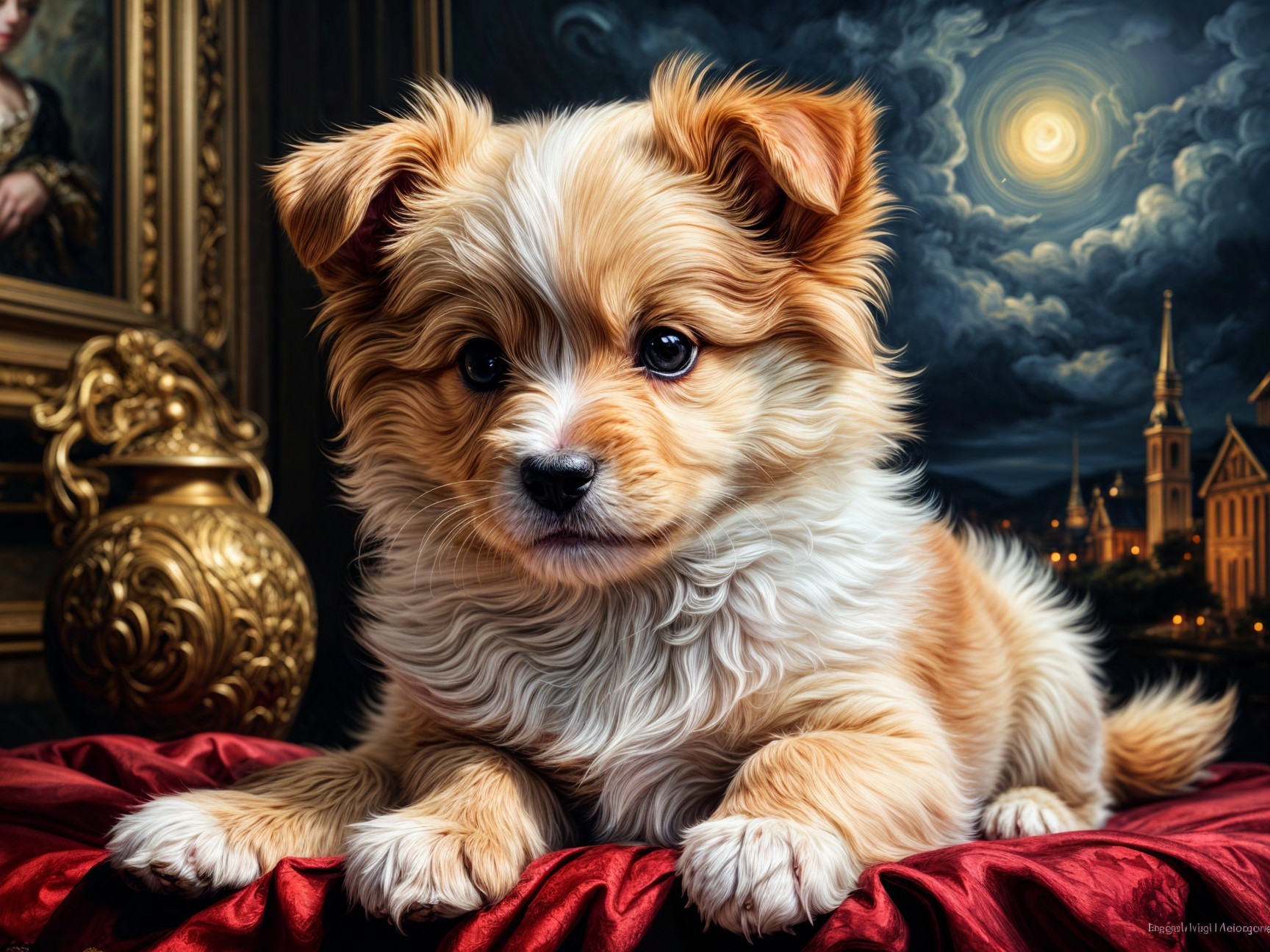 Fluffy Puppy on Red Satin with Moonlit Background