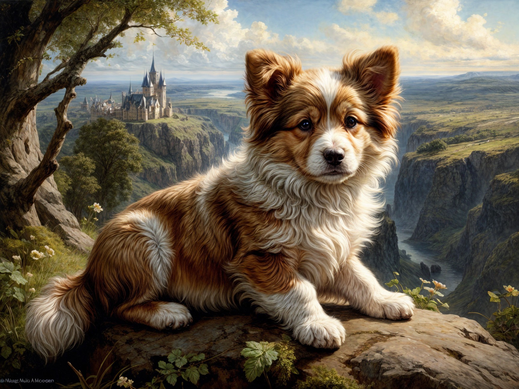 Fluffy Reddish-Brown Dog on Rocky Ledge with Castle