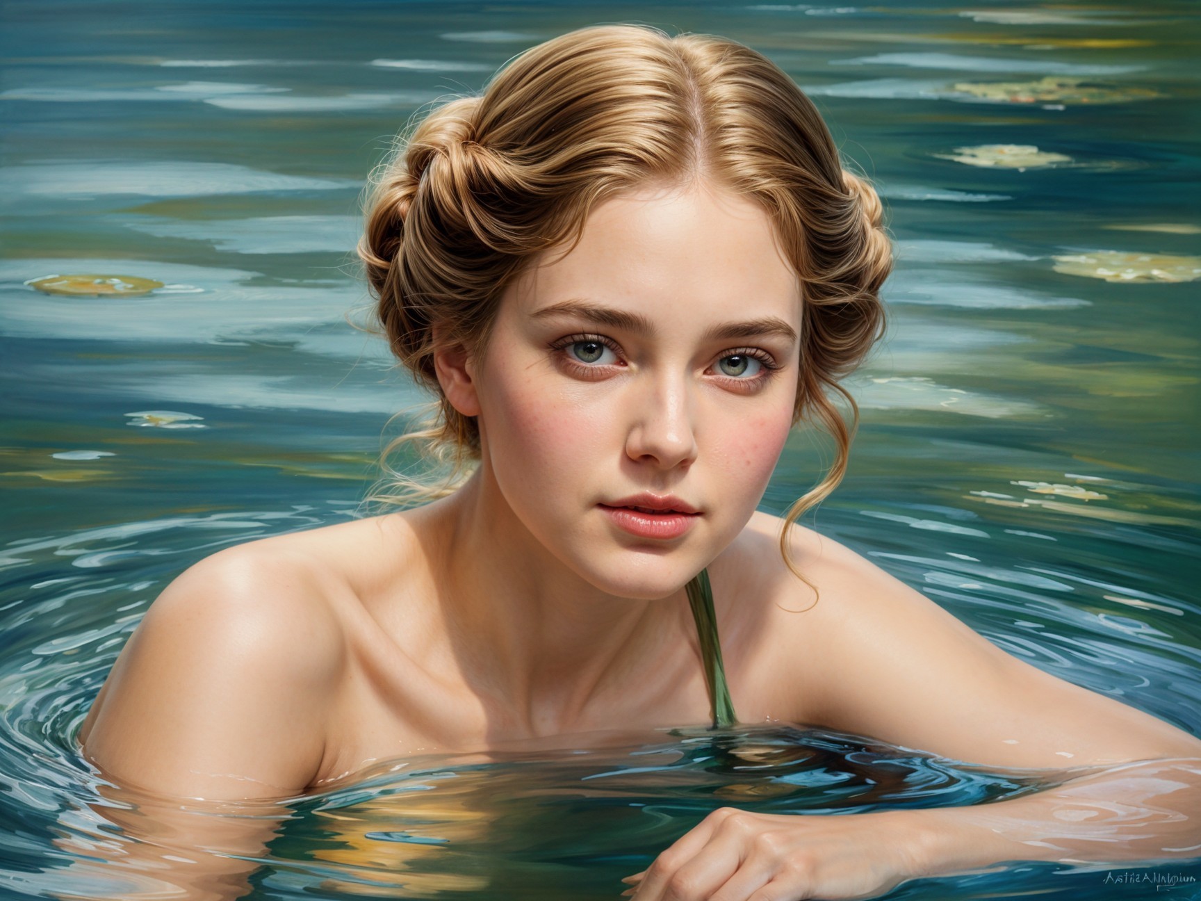 Young Woman Emerging from a Tranquil Pool
