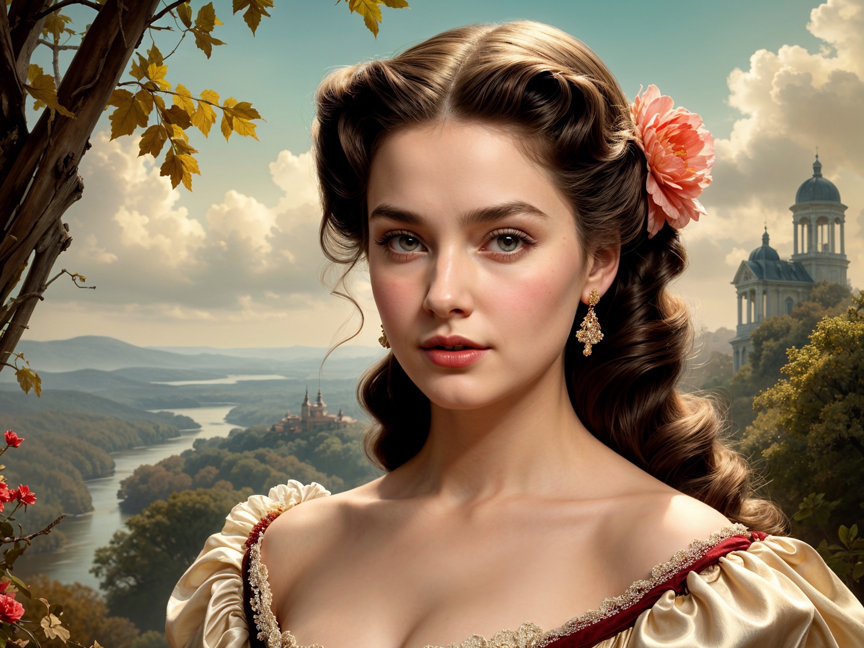 Young Woman in Historical Dress with Serene Landscape