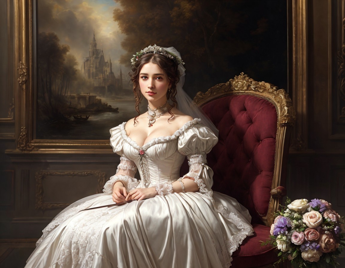 Woman in White Gown on Red Velvet Chair with Bouquet