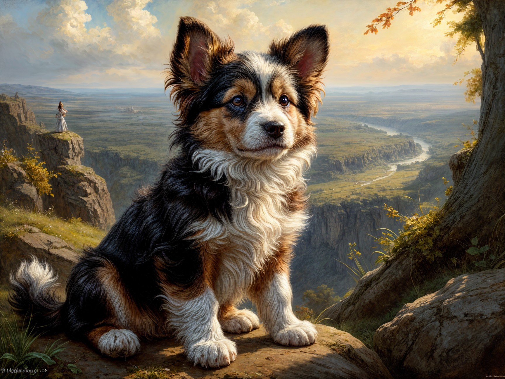 Fluffy Tri-Colored Dog on Rocky Ledge with Landscape