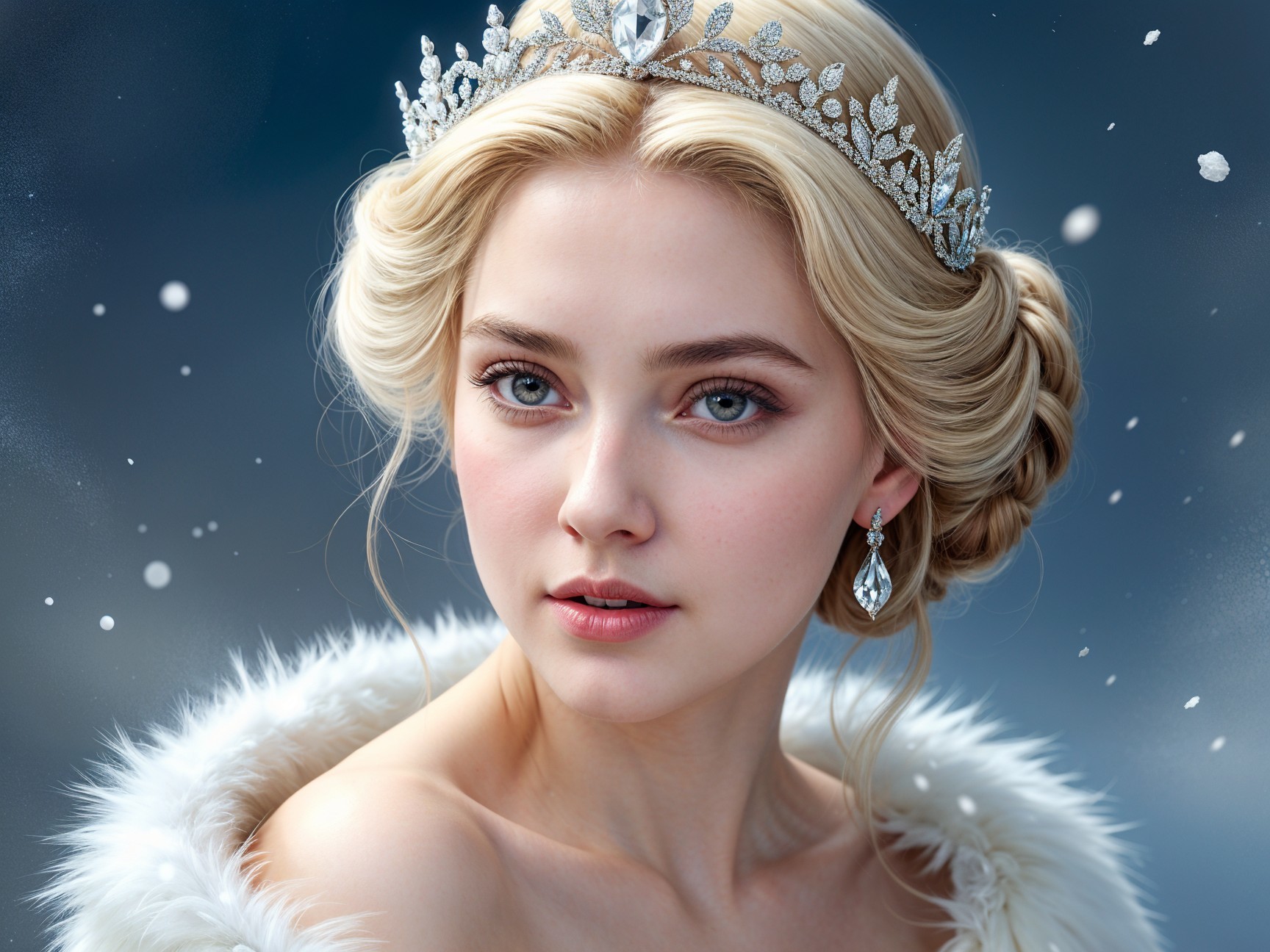 Elegant Woman in Tiara Surrounded by Snowflakes