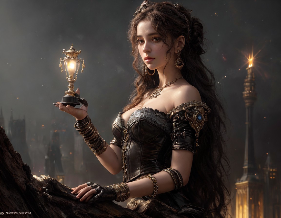 Fantasy Woman with Lantern in Glowing Cityscape