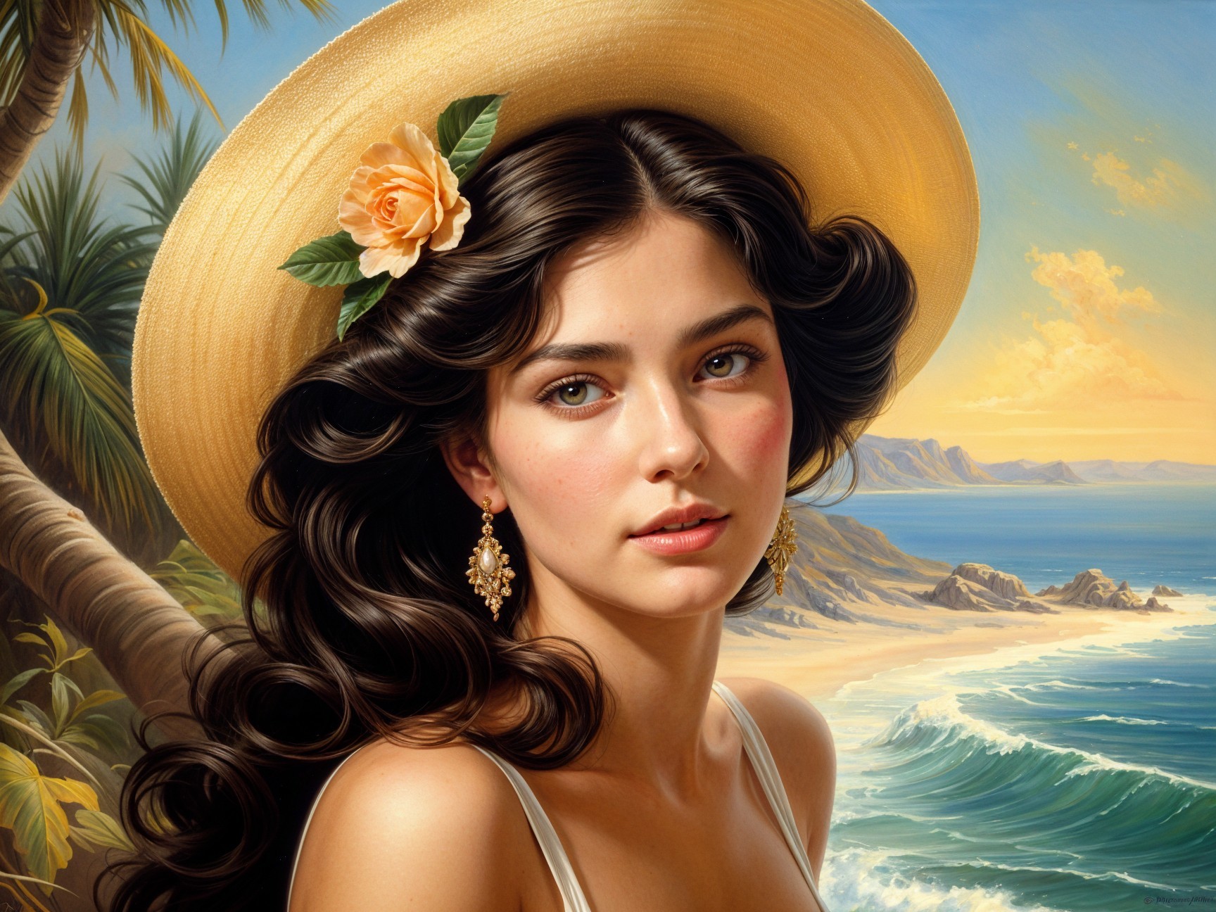 Young woman in straw hat at serene beach scene