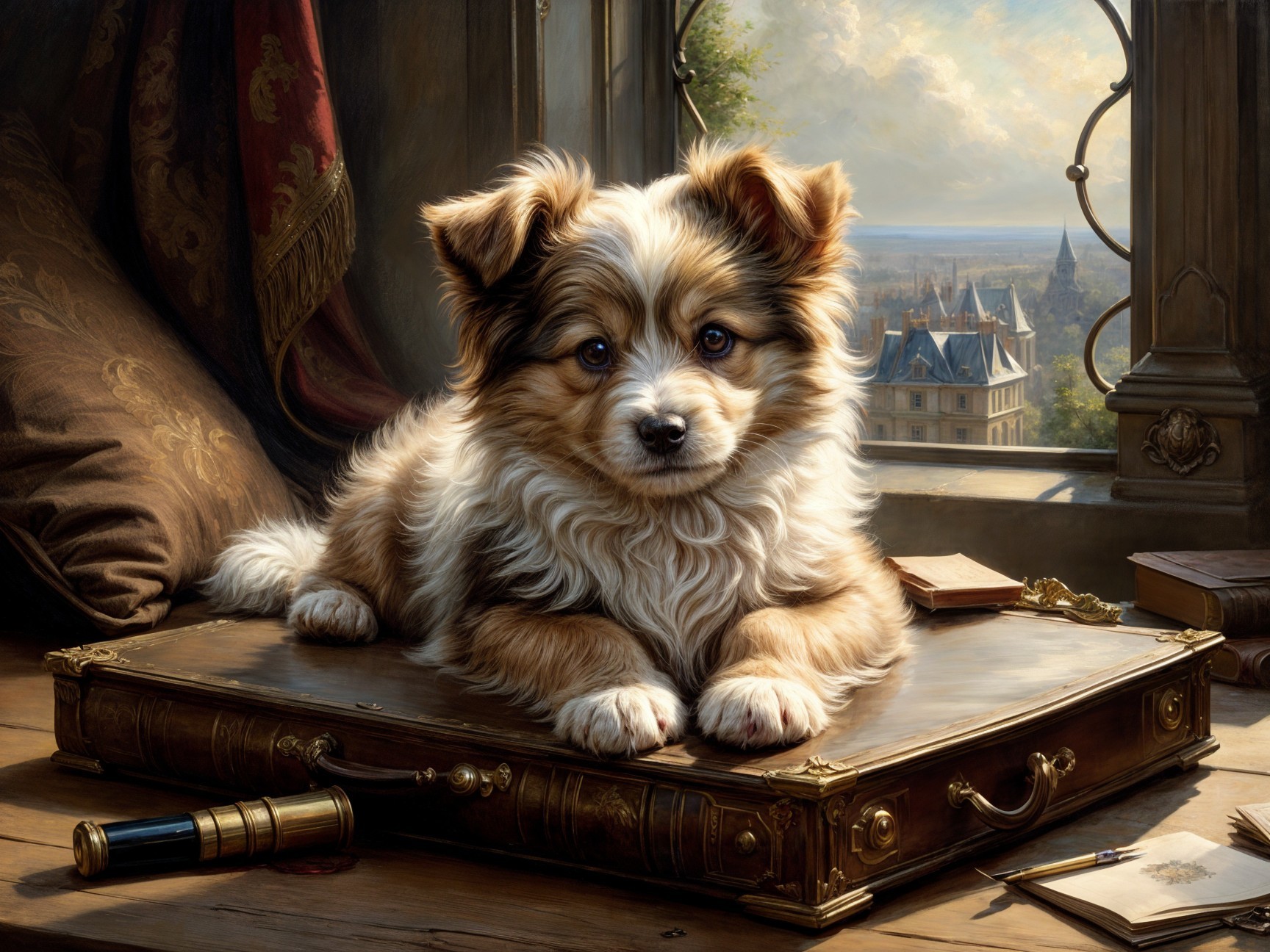 Fluffy Tan and White Puppy on Antique Desk with City View