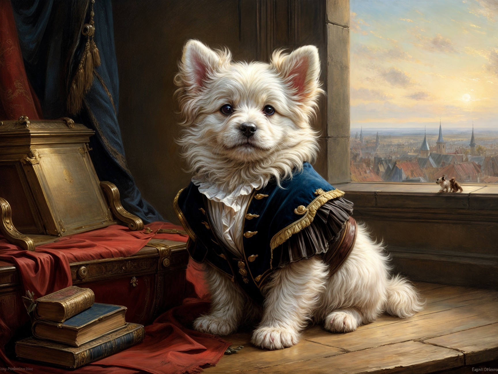 Regal Dog in Ornate Room with Scenic Backdrop