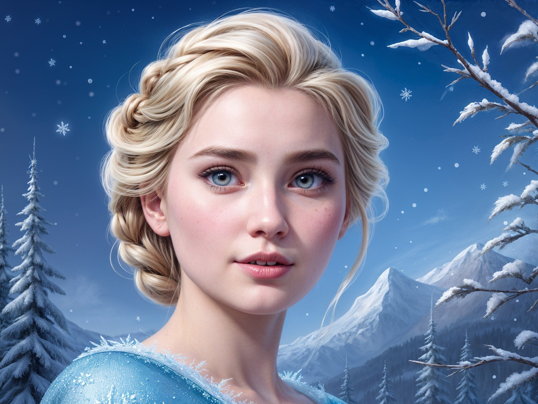 Young woman in icy-blue gown with serene expression